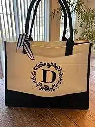 Monogram Initial Canvas Bag with Pocket Embroidery Personalized Tote