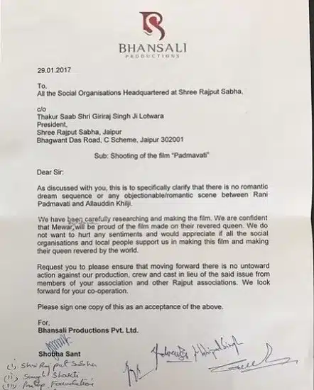 Sanjay Leela Bhansali letter to the Shree Rajput Sabha during Padmaavat release controversy