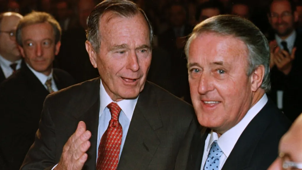 Former U.S. President George Bush (left) with Former Canadian Prime Minister Brian Mulroney at the 10th anniversary of North American Free Trade Agreement on Saturday, June 5, 1999 in Montreal
