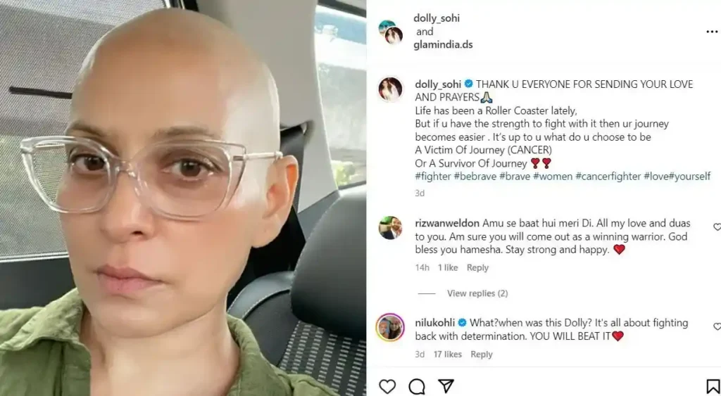 Instagram post of Dolly Sohi explaining her struggle against cervical cancer