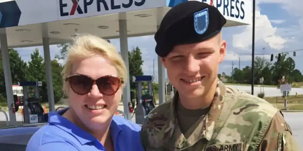 Janelle Brown with her son Garrison Brown in military uniform