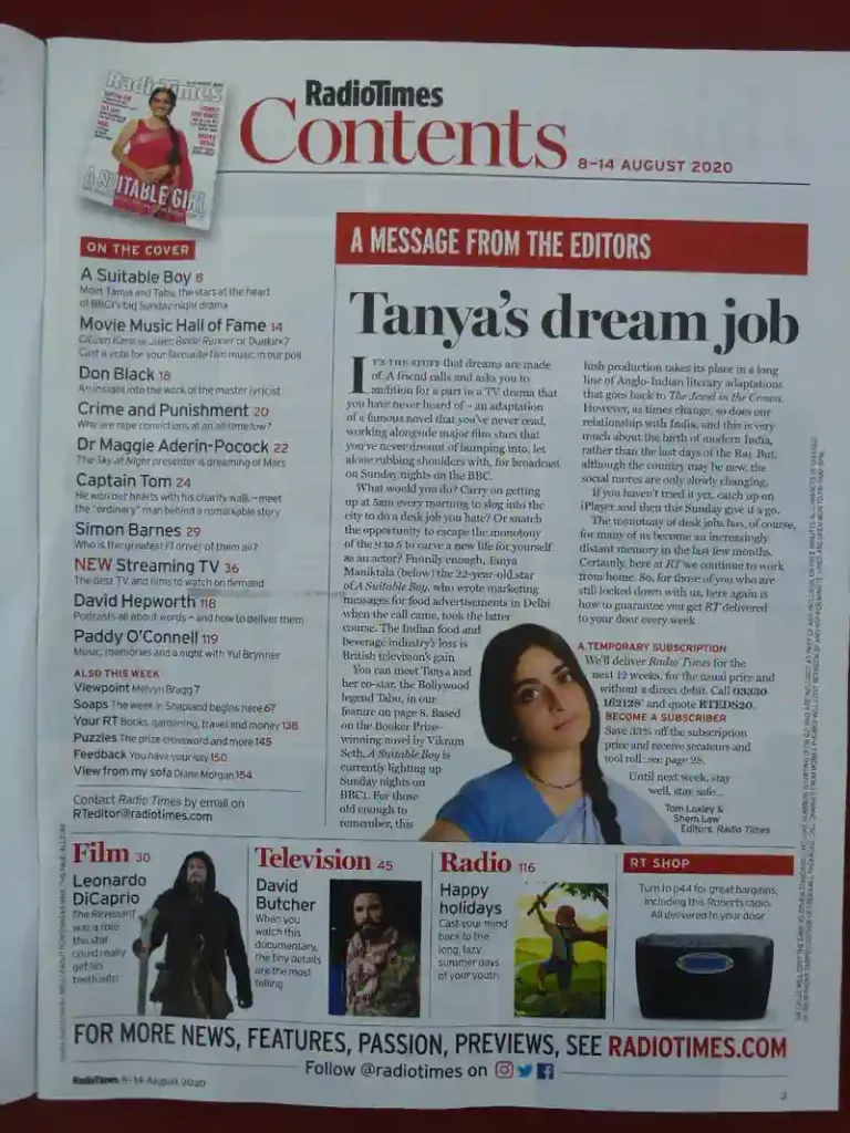 Photo of the RADIO TIMES 8 14 AUGUST 2020 magazine where Tanya Maniktala got featured on the cover for A SUITABLE Boy TV series