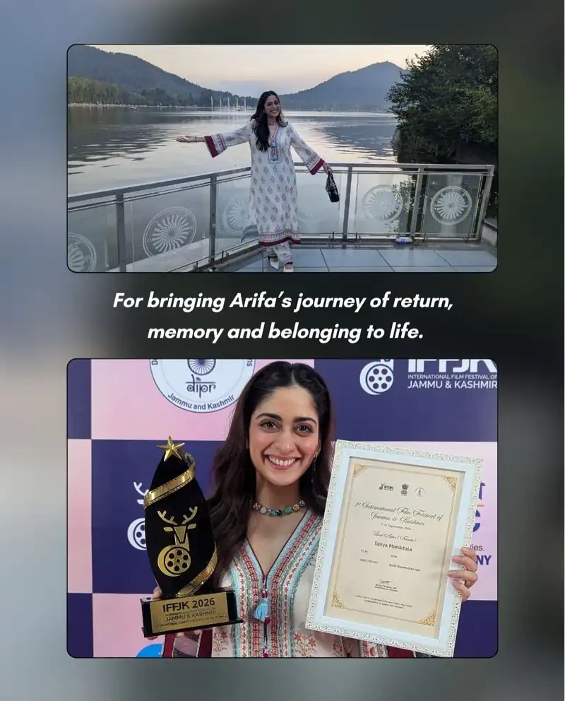 Photo of Tanya Maniktala posing after winning Best Actress Award for Arifa at the International Film Festival of Jammu & Kashmir